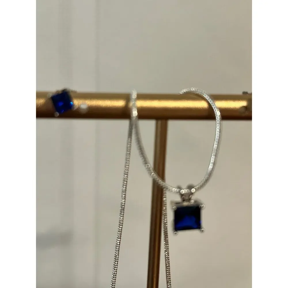 925 Sterling Silver Blue Sapphire CZ Necklace Earring Set 20